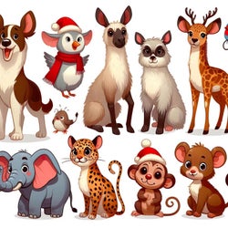 4 dogs, a llama, a red nose reindeer, a cheetah, 2 monkeys, an elephant, and a mouse